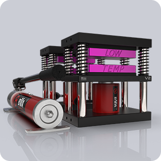 Lowtemp V2 rosin press setup with pink plates and BVA hydraulic hand pump