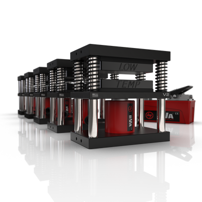 Lowtemp 5 Press Medusa System with BVA Air Pump featuring black rosin press plates and LT3 touchscreen controller