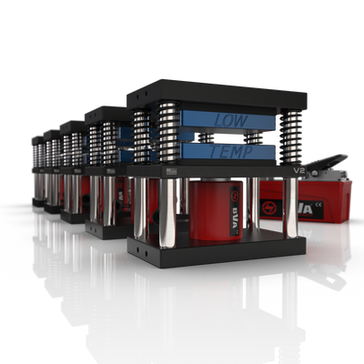 Lowtemp 5 Press Medusa System with BVA Air Pump featuring blue rosin press plates and LT3 touchscreen controller