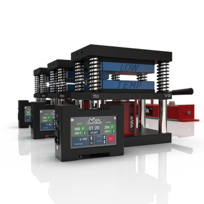 Lowtemp 3 Press Medusa System with BVAP2801 Pump featuring blue rosin press plates and LT3 touchscreen controller