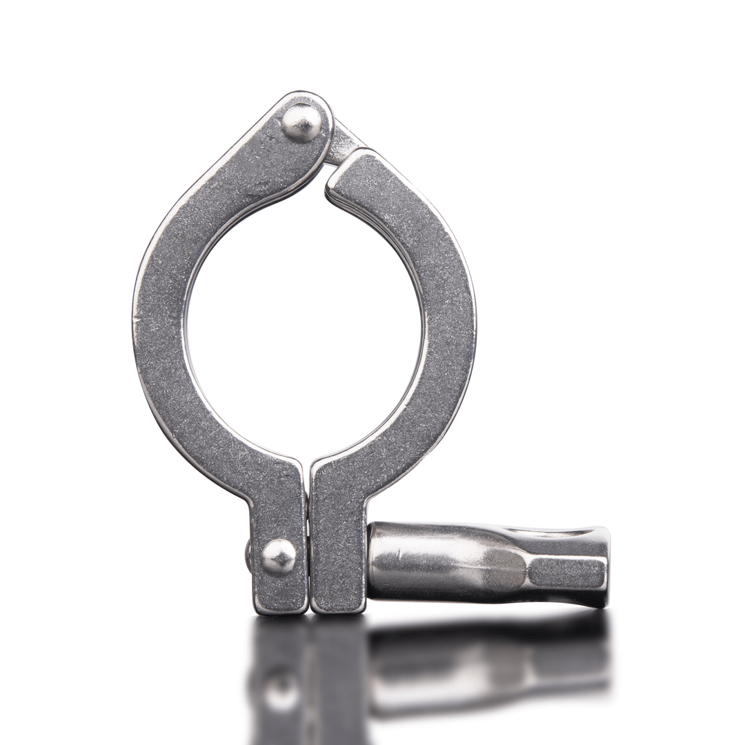 1.5 inch stainless steel single pin clamp for securing tri-clamp sanitary connections in extraction systems