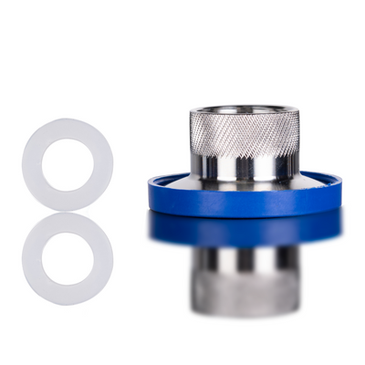 1.5 inch tri-clamp to garden hose adapter with stainless steel fitting, blue ring, and silicone washers for secure water transfer