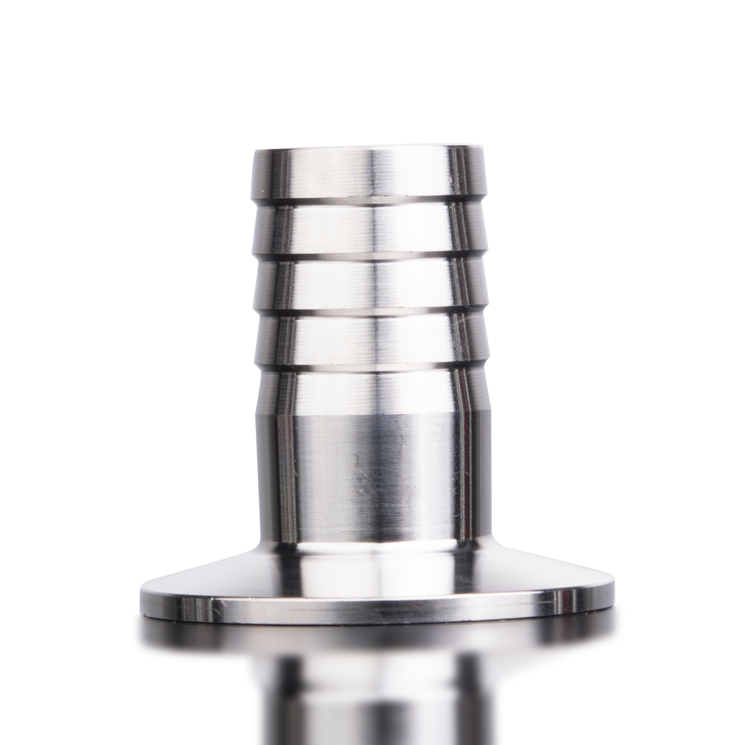 1 inch hose barb to 1.5 inch tri-clamp sanitary adapter made of stainless steel for fluid transfer and hash washing systems