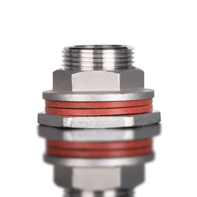 Three-quarter inch stainless steel bulkhead fitting with dual red gaskets for watertight passthrough connections