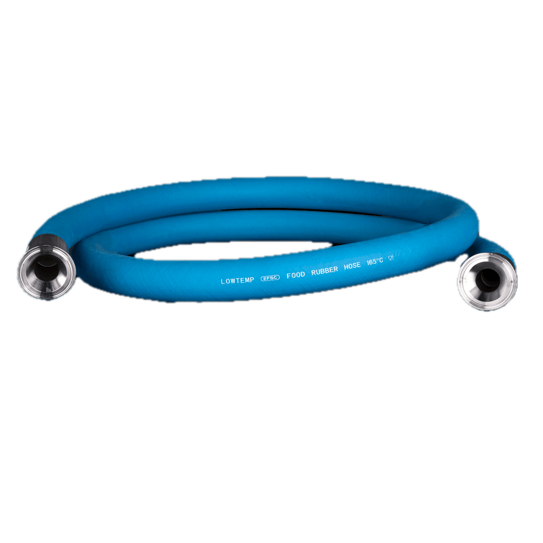 Blue rubber hose with metal connectors on a white background