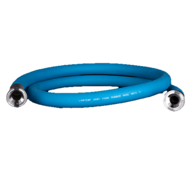 Blue rubber hose with metal connectors on a white background