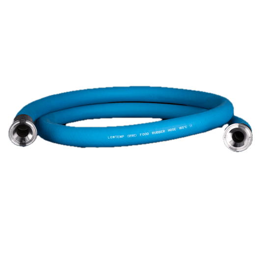 Blue rubber hose with metal connectors on a white background