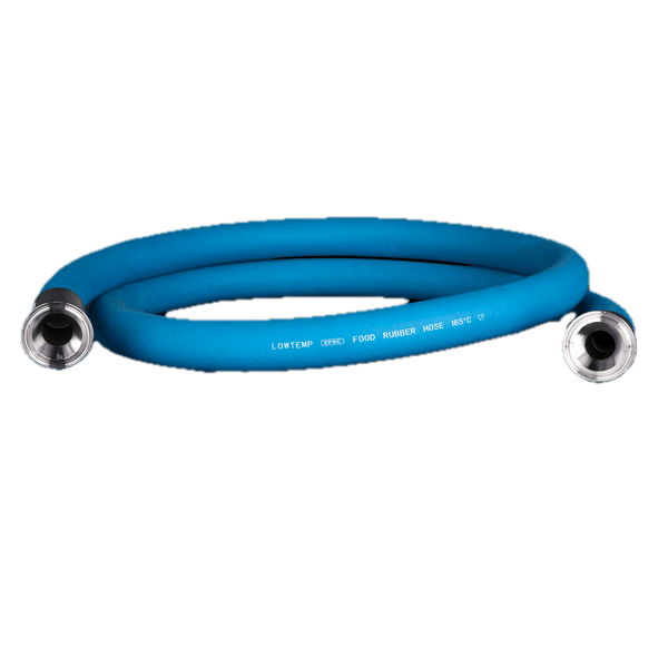 Blue rubber hose with metal connectors on a white background