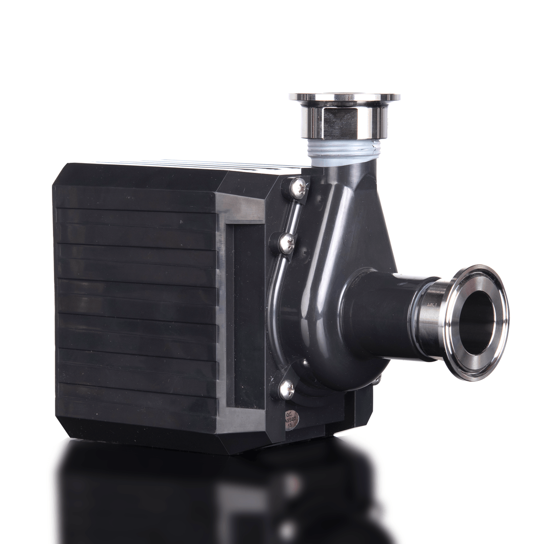 Black and silver industrial pump on a white background