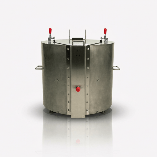 Metallic cylindrical container with red handles and a button on a white background