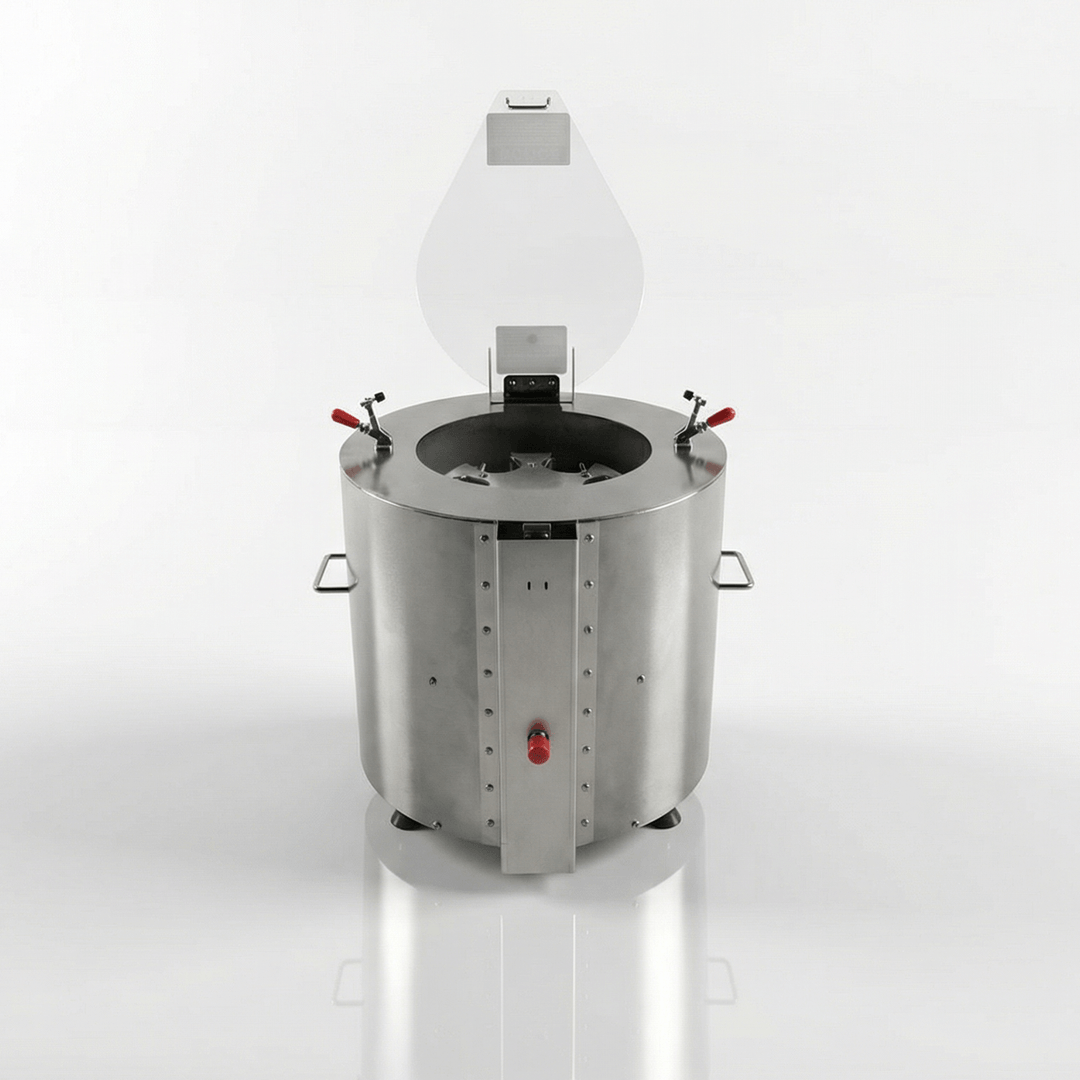 Stainless steel autoclave with a clear dome on a white background