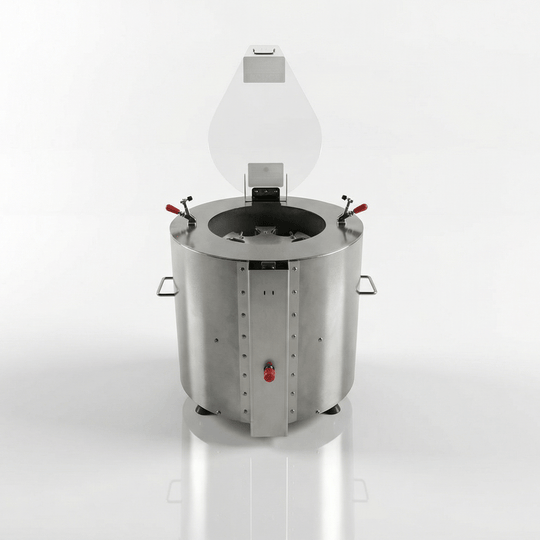Stainless steel autoclave with a clear dome on a white background