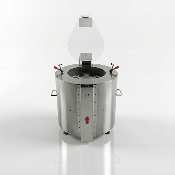 Stainless steel autoclave with a clear dome on a white background