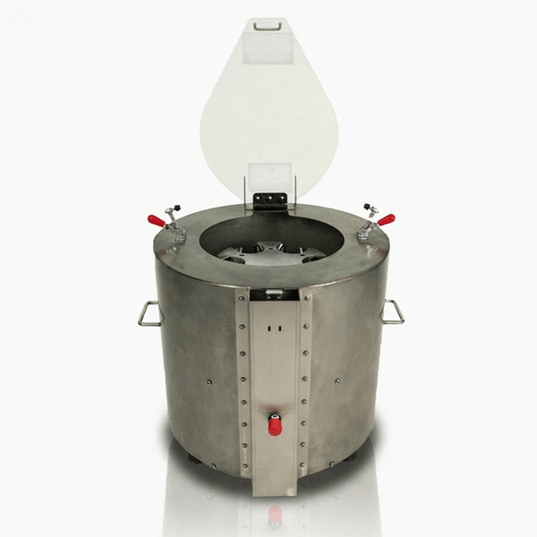 Metallic container with a white lid on a white background