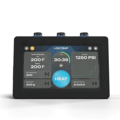 Digital control panel with temperature and pressure display on a white background