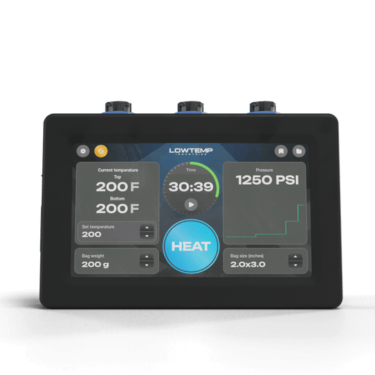 Digital control panel with temperature and pressure display on a white background