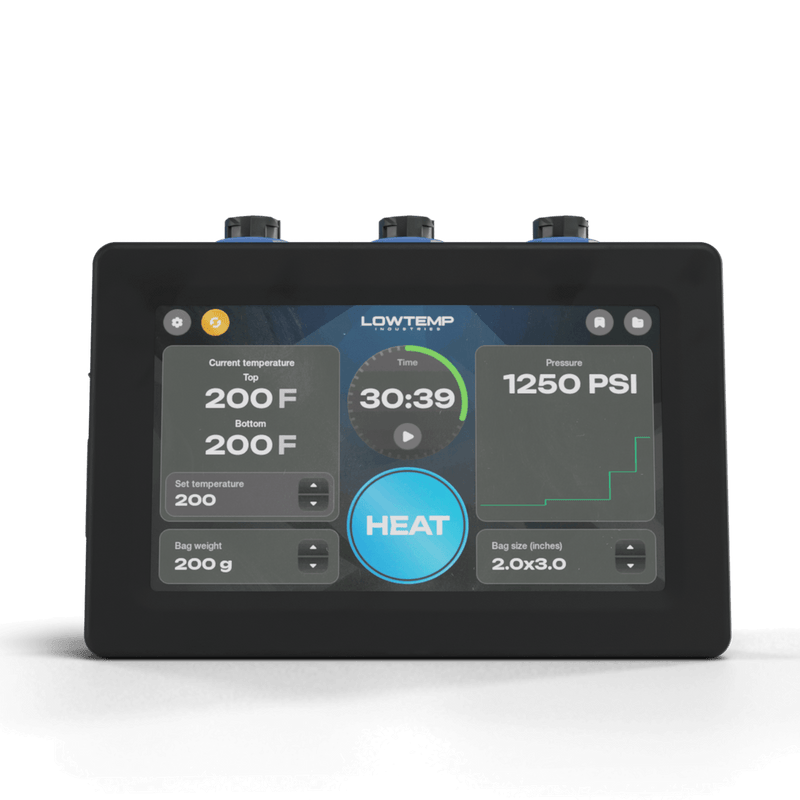 Digital control panel with temperature and pressure display on a white background