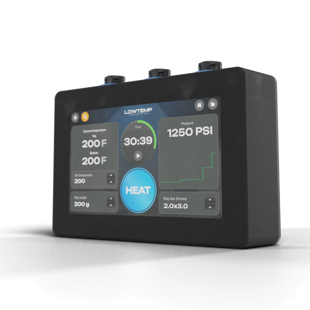 Digital control panel with temperature and pressure display on a black background