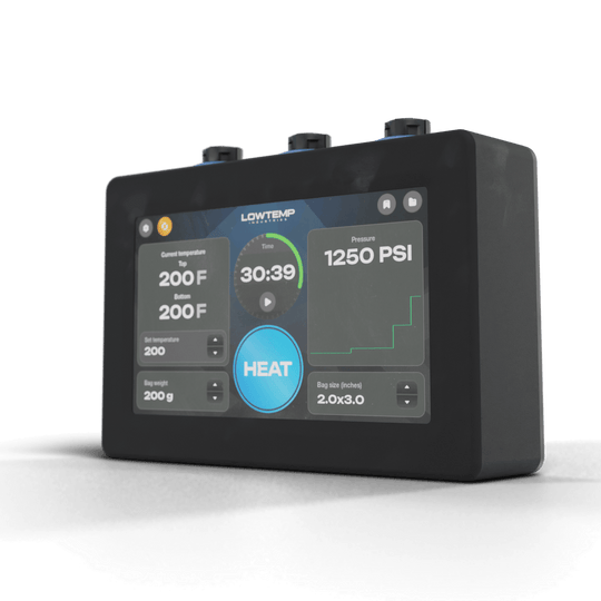 Digital control panel with temperature and pressure display on a black background