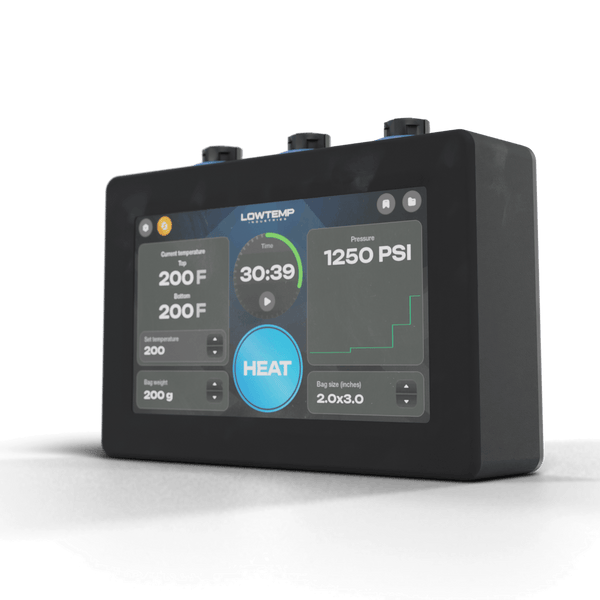 Digital control panel with temperature and pressure display on a black background