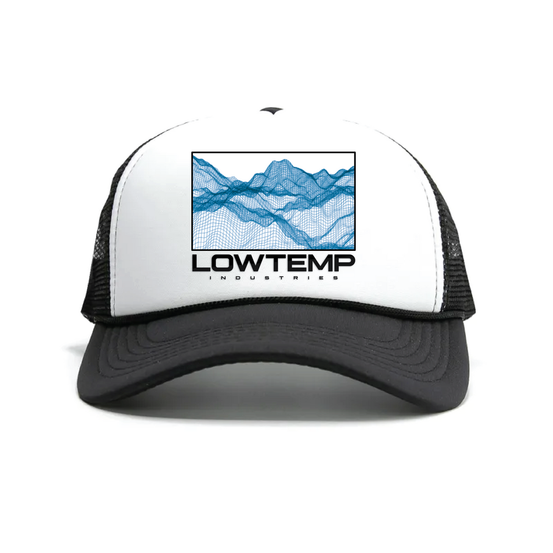 Lowtemp Industries mesh-back trucker hat with blue mountain wireframe logo on white front panel