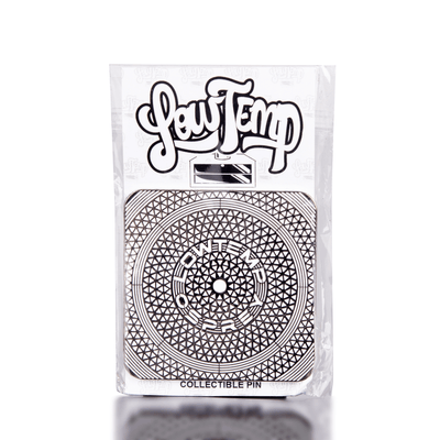Packaged collectible pin with geometric design and 'Lev Temp' branding on a white background