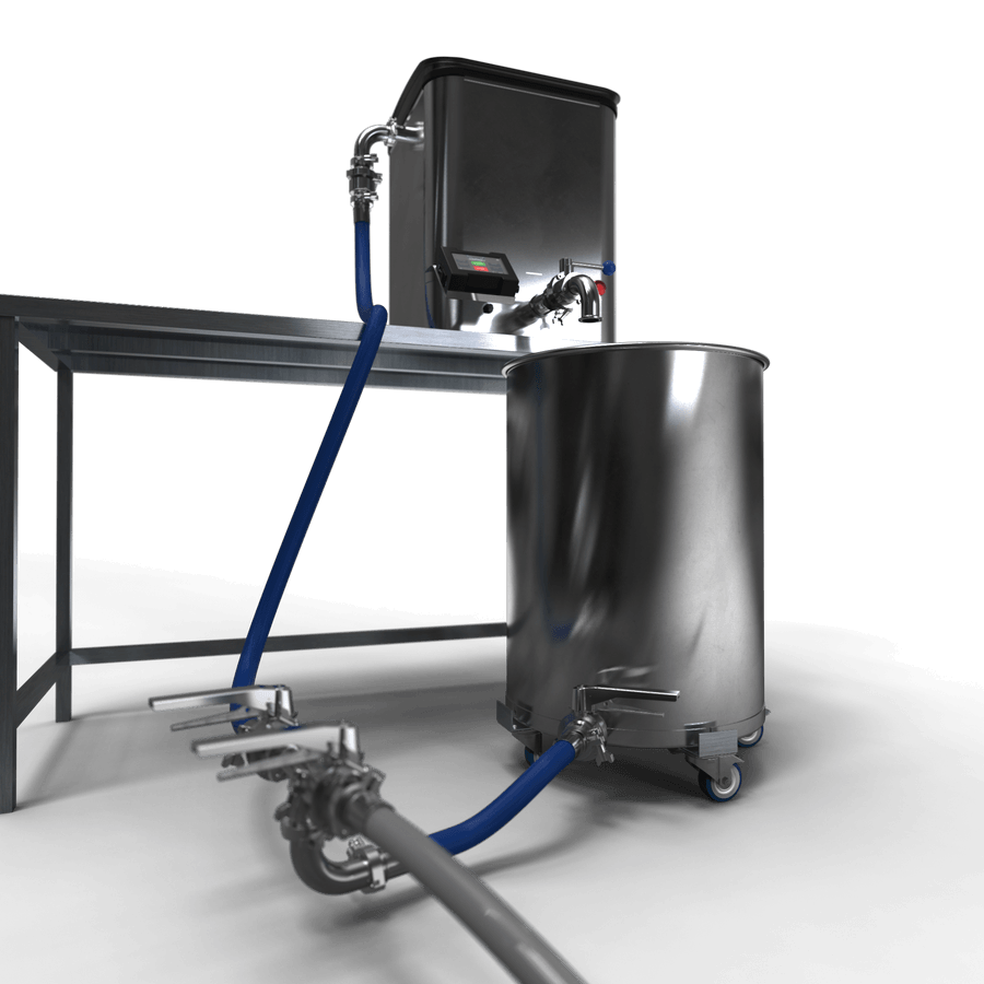 Metallic machine with a blue hose and cylindrical container on a black background