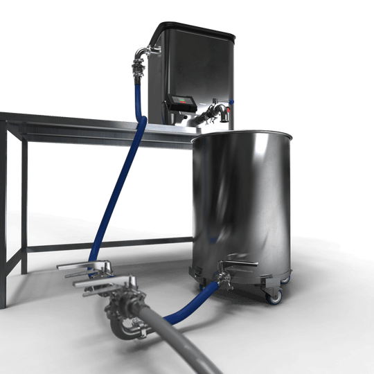 Lowtemp Mini Nest water recycle kit — cylindrical container with blue hose, black background