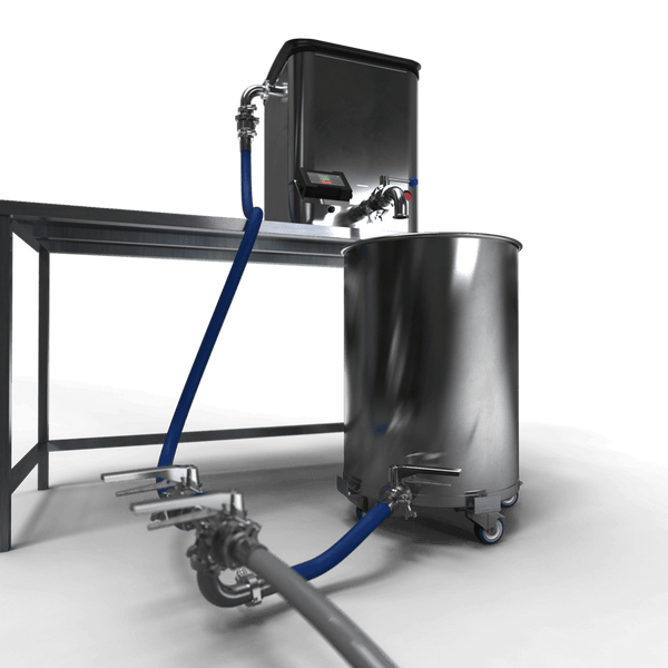 Lowtemp Mini Nest water recycle kit — cylindrical container with blue hose, black background