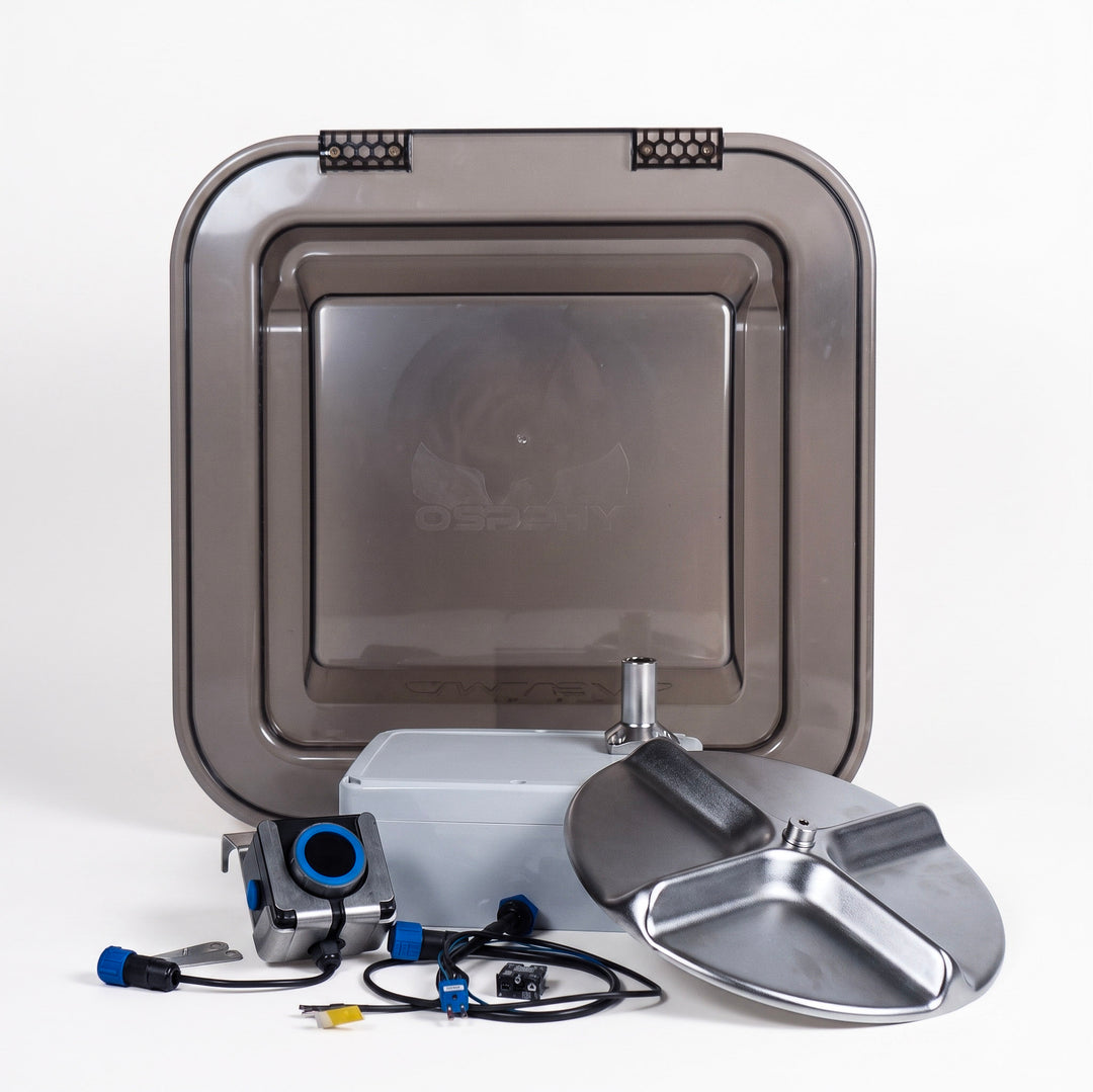 Mini Osprey 2.0 upgrade kit with grey lid, stainless steel impeller, dial style controller on a white background. 