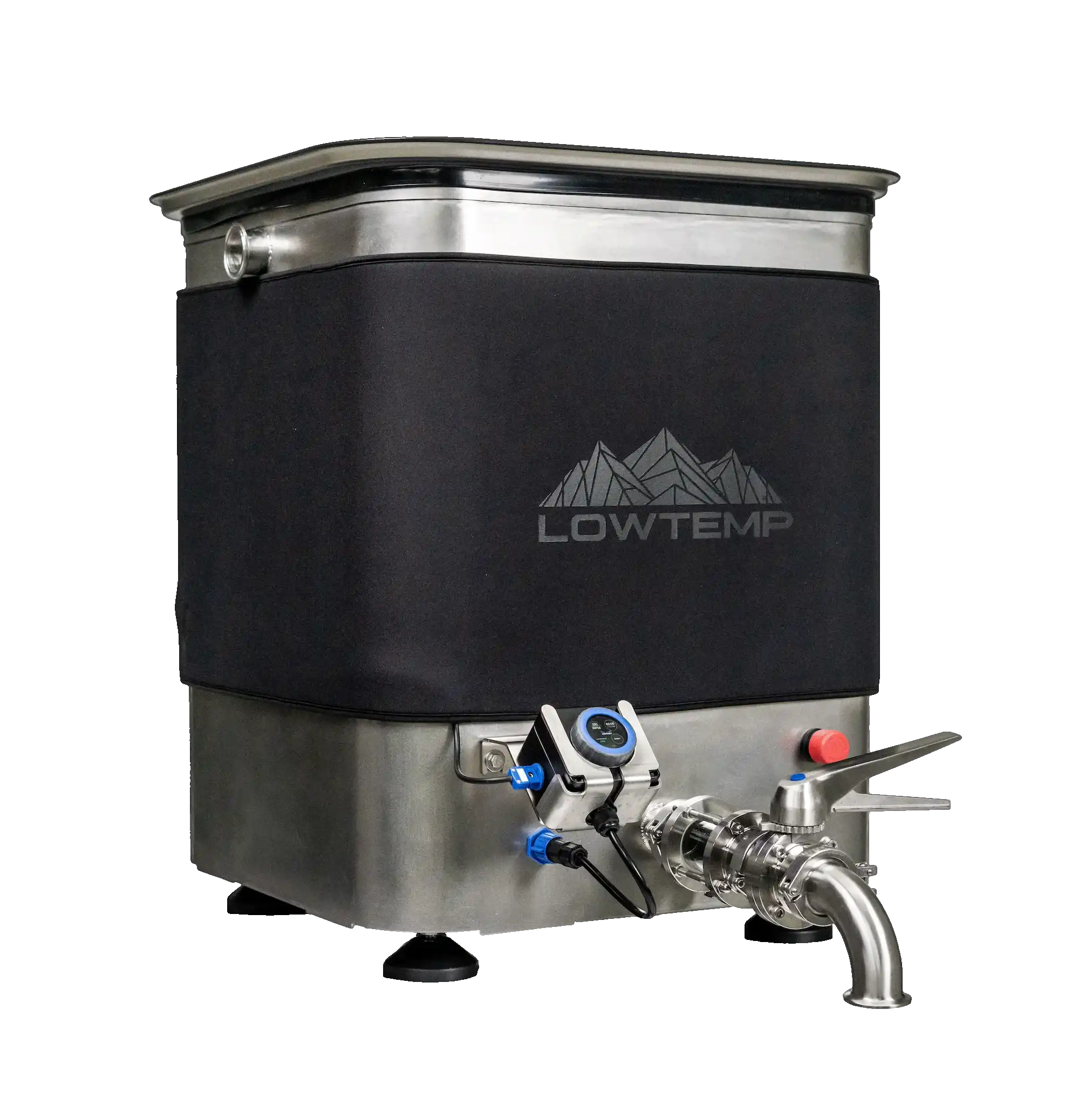 Stainless steel cooler with black cover and 'Lowtemp' branding on a white background