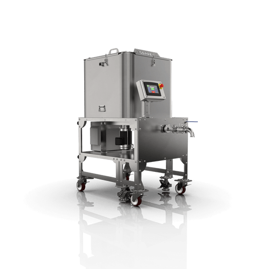 Stainless steel industrial machine with digital display on a black background