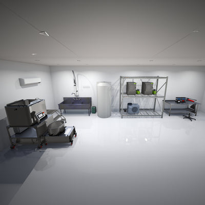 Fully equipped turnkey lab setup with Osprey hash washer, freeze dryers, and stainless steel workstations for solventless extraction