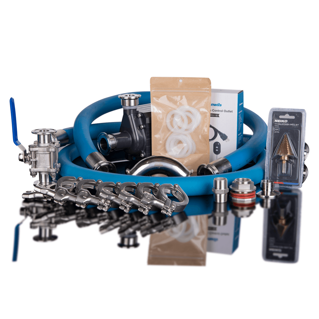 Collection of brewing equipment including hoses, valves, and packaging on a white background