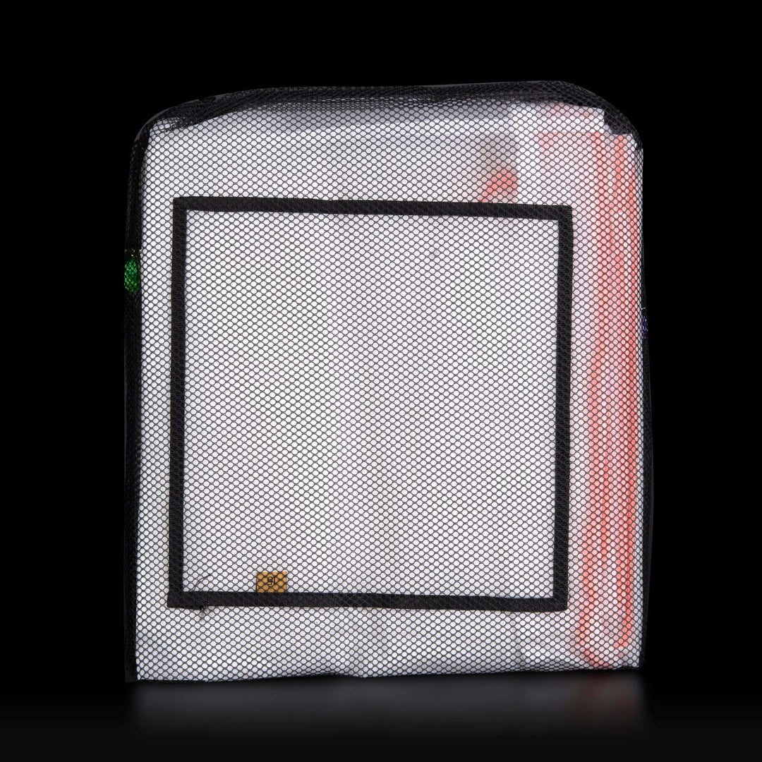 Mesh pouch with a clear front panel on a black background