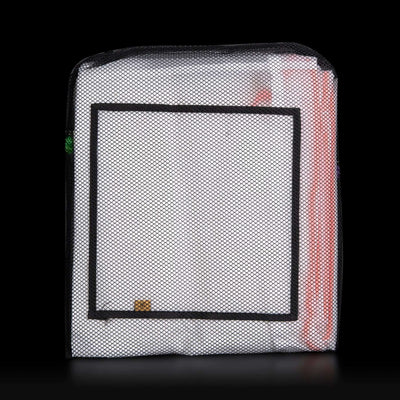 Mesh pouch with a clear front panel on a black background