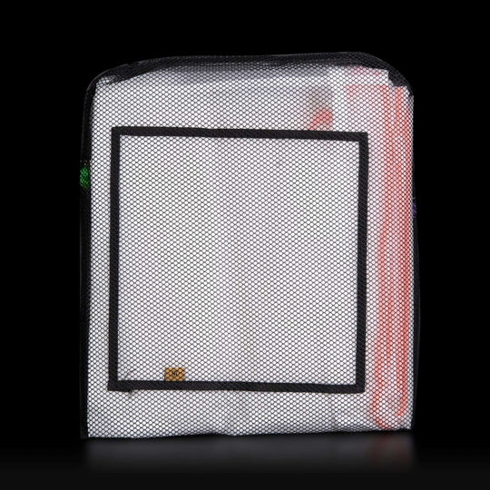 Mesh pouch with a clear front panel on a black background