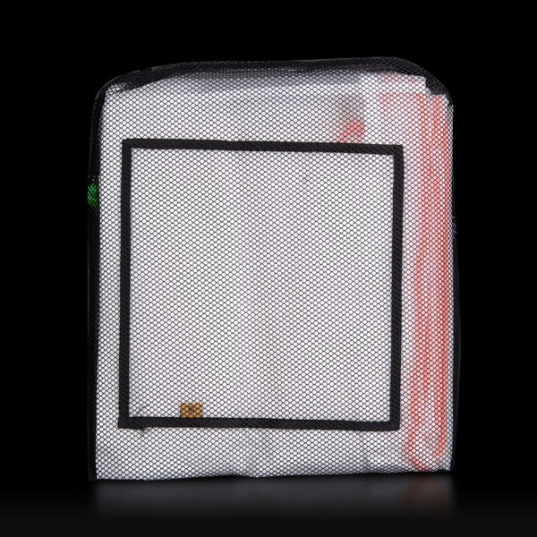 Mesh pouch with a clear front panel on a black background