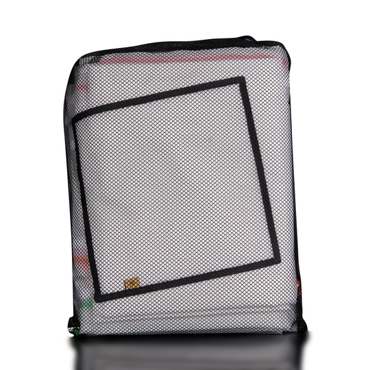 the back of 32 gallon four bag set of hash washing bags from rosin evolution in packaging