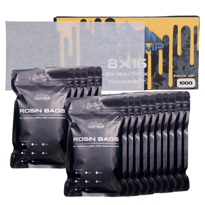 Rosin bags and parchment where packaging with branding on a white background