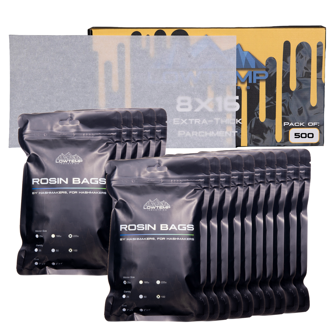 Rosin bags and parchment in lowtemp industries packaging with branding on a white background