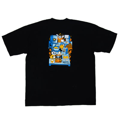 Black t-shirt with colorful graphic design on a white background