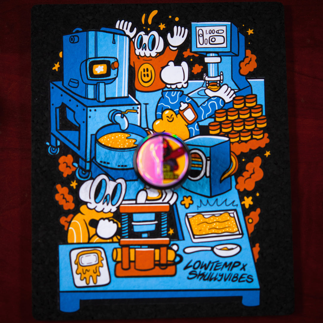 Colorful illustration of a character in a hash washing lab  