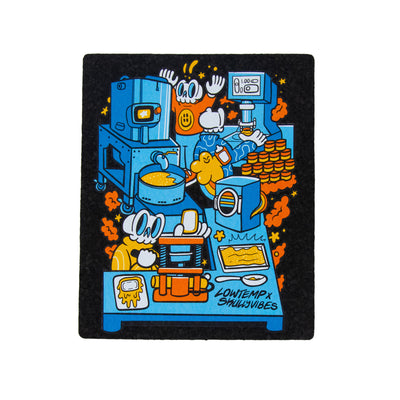 Colorful illustration of a character in a hash washing lab with various appliances and text on a black background