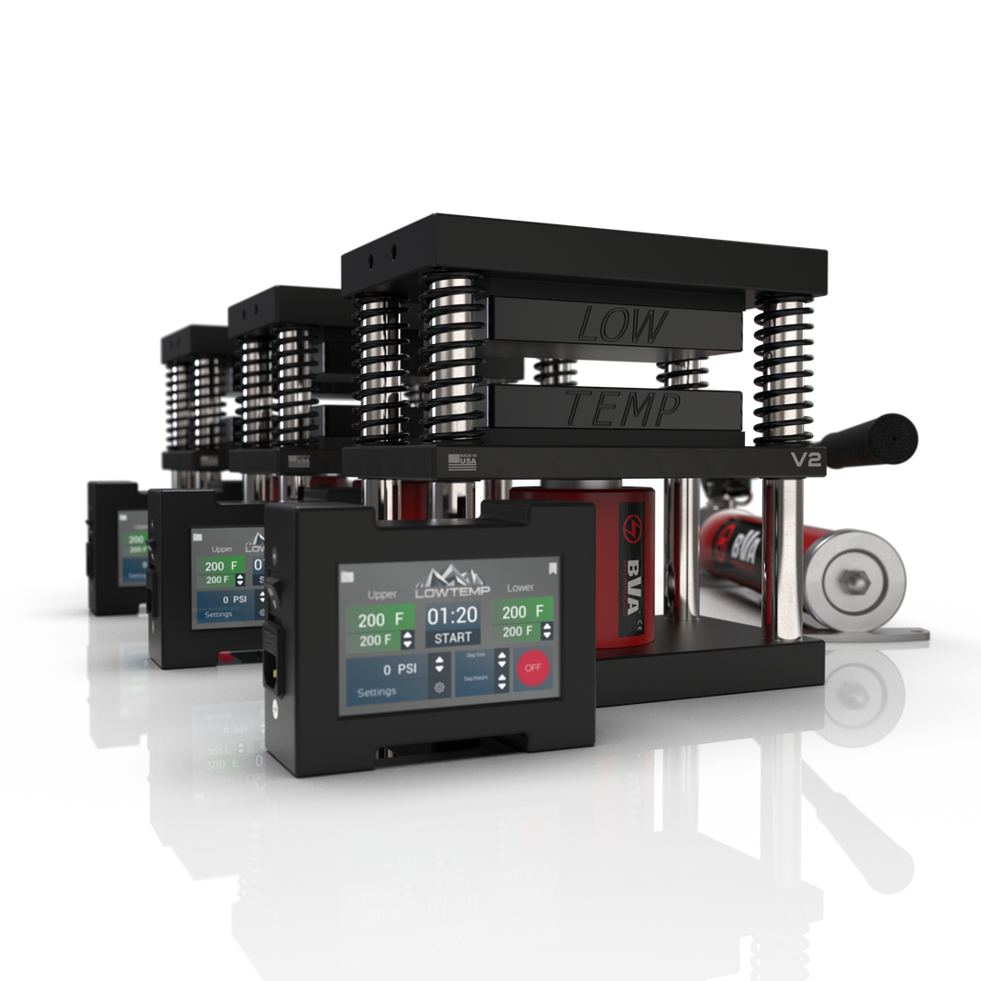 Lowtemp 3 Press Medusa System with BVA P1000 Pump featuring black rosin press plates and LT3 touchscreen controller