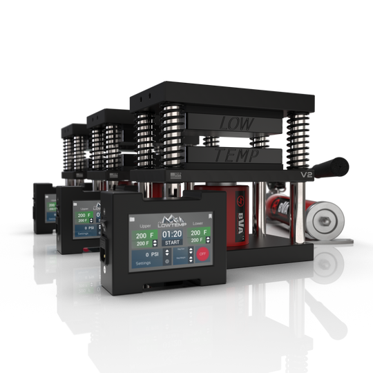 Lowtemp 3 Press Medusa System with BVA P1000 Pump featuring black rosin press plates and LT3 touchscreen controller