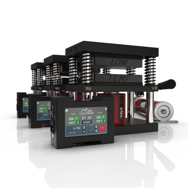Lowtemp 3 Press Medusa System with BVA P1000 Pump featuring black rosin press plates and LT3 touchscreen controller