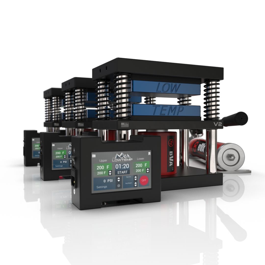 Lowtemp 3 Press Medusa System with BVA P1000 Pump featuring blue rosin press plates and LT3 touchscreen controller