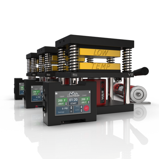 Lowtemp 3 Press Medusa System with BVA P1000 Pump featuring gold rosin press plates and LT3 touchscreen controller