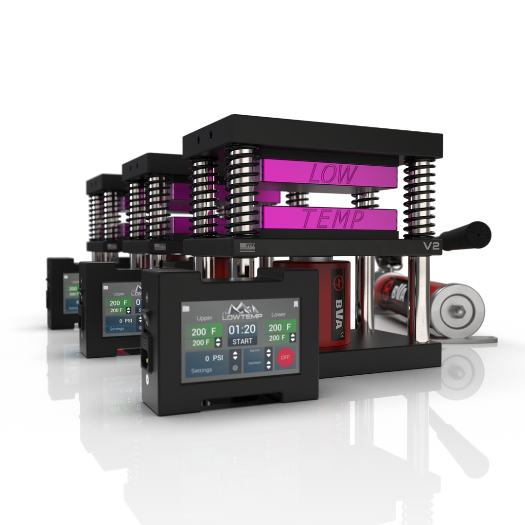 Lowtemp 3 Press Medusa System with BVA P1000 Pump featuring purple rosin press plates and LT3 touchscreen controller